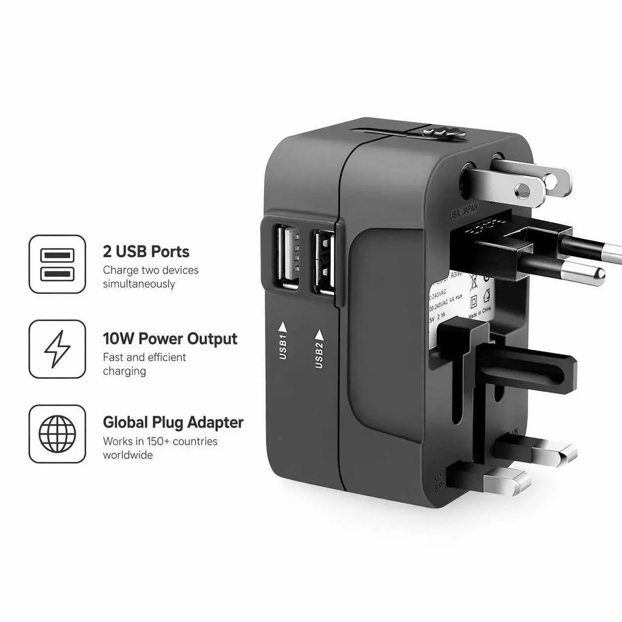 Universal Travel Adapter with 2 USB Ports 5V 2.1A, 10W, AC Outlet 650 W / 110 V and 1300 W / 220 V, No Voltage Conversion, Global Plug Adapter for UK EU US AU, USB Plug-In Multi-Socket Power Adapter, International Plug Adaptor #GLOBAL PICKS