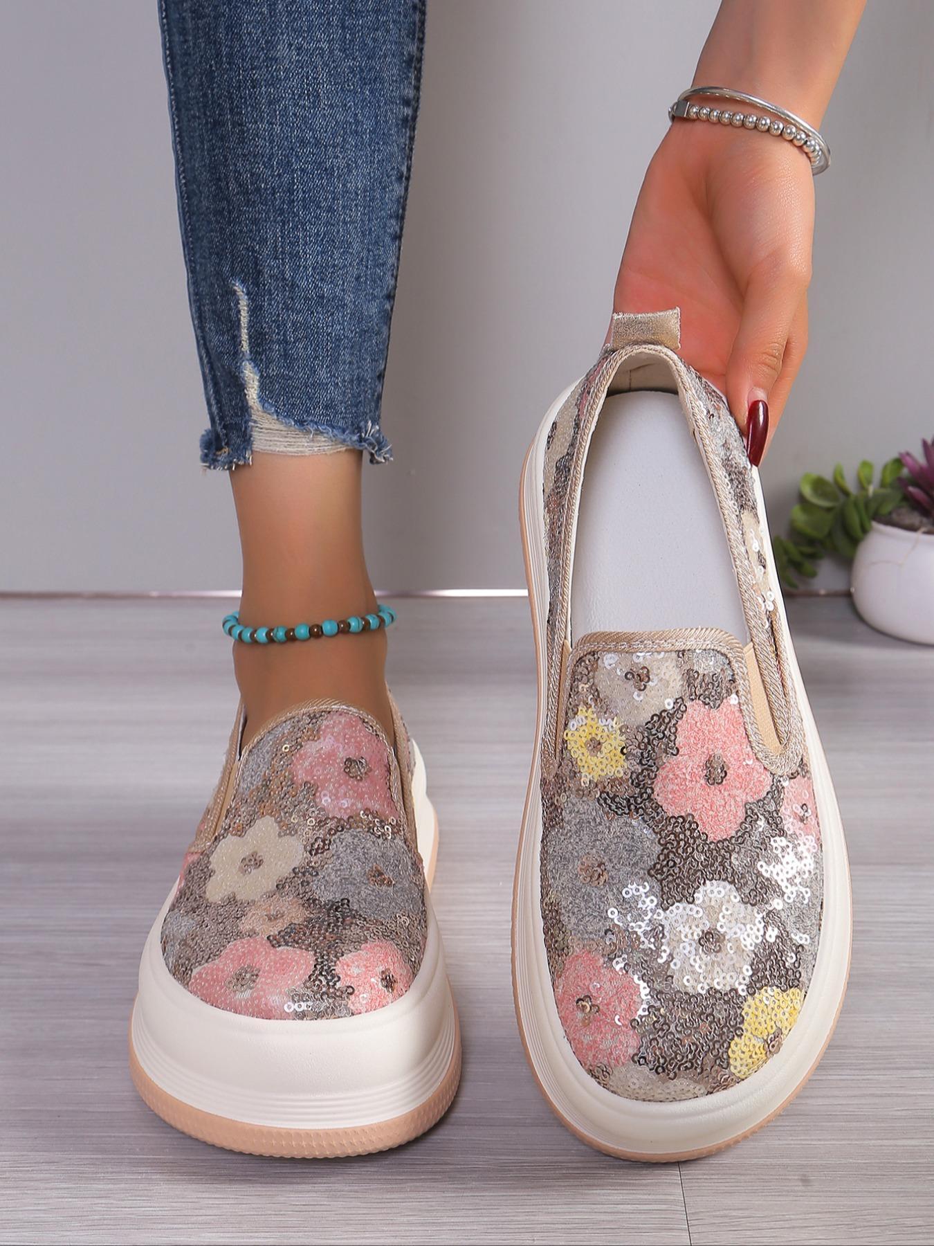 Fashionable Ditsy Floral Pattern Sequin Decorated Slip on Thick-soled Slipon Sneakers, Casual Comfortable Round Toe Low Top Shoes for Women, All-match Commuter Shoes for Work & Daily Wear