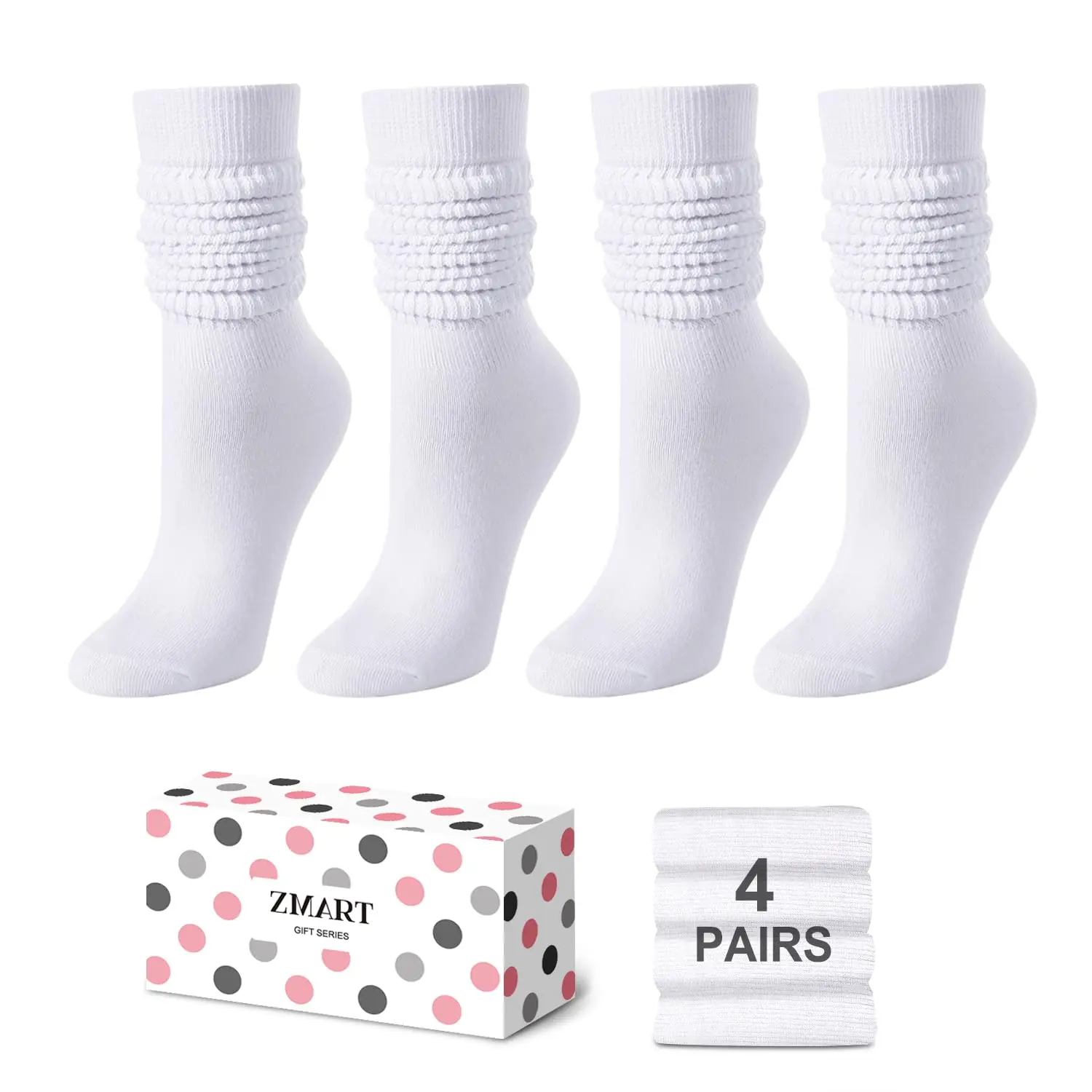 Zmart 4 Pairs White Slouch Socks for Women Girls, Scrunch Socks Women, Cotton Long High Tube Socks, 80s Gifts 90s Gifts, Best Gifts for Friends, Mothers, SistersAunts, Grandmothers