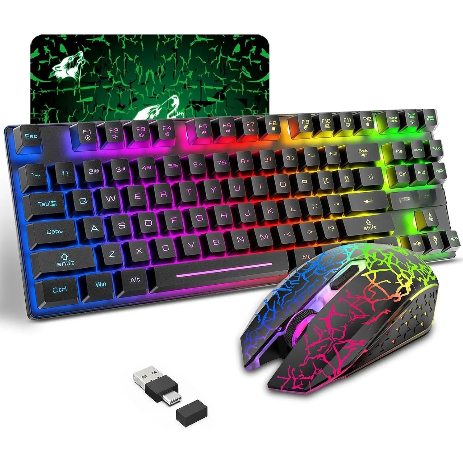 Gaming Keyboard and  Combo with 87 Key Tenkeyless Rainbow LED Backlight Rechargeable 3800mAh  Anti-ghosting   RGB Mute Mice for  PC Gamer (Black)