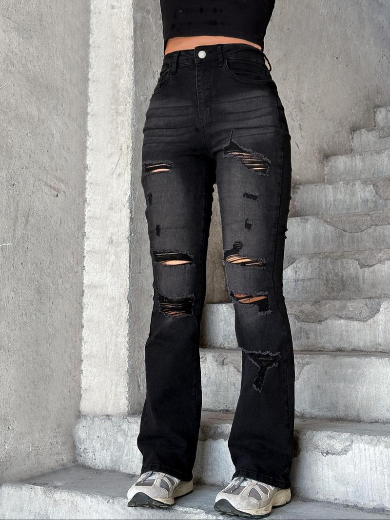 Women's  Ripped Distressed Dark Wash Skinny Stretchy Jeans, Fashion Casual Denim Trousers for Daily Outdoor Wear, Ladies Bottoms for All Seasons