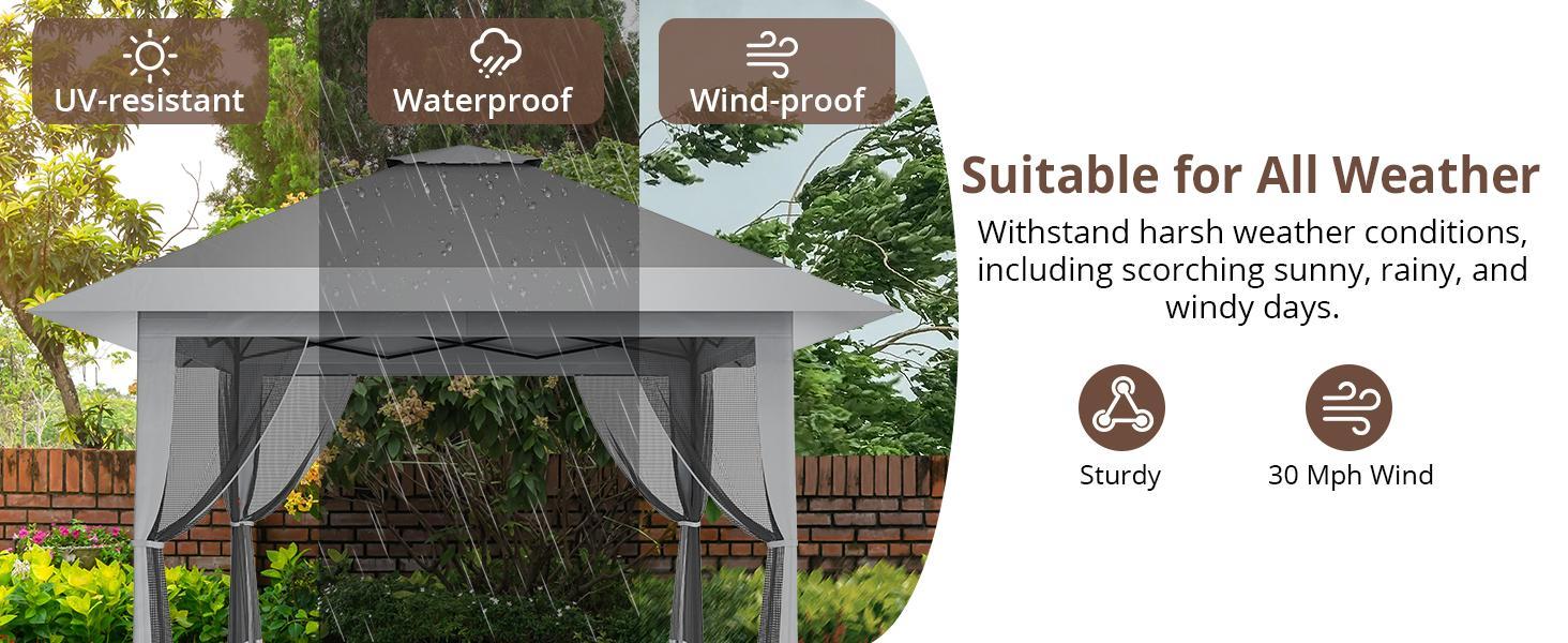 13x13FT Pop Up Gazebo, Outdoor Canopy Tent with Mosquito Netting, Pop Up Canopy with Double Roof Design & Adjustable Height, UV-Resistant Patio Gazebo Sunshade for Graden/Backyard/Lawn/Beach (Gray)