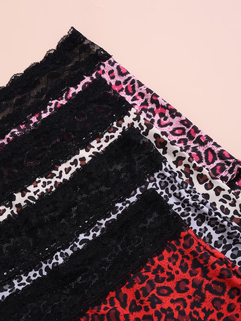 Women's Leopard Print Lace Patchwork Thong Panties, 4 Pack Comfortable Underwear Set, Stylish and Breathable Lingerie for Daily Wear, Fashion Comfy Underwear