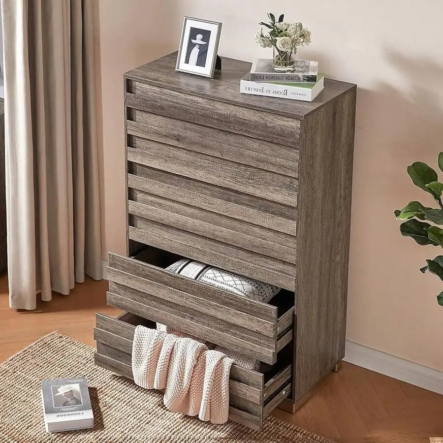 Grey MDF Wood Rectangular 5-Drawer Tall Farmhouse Dresser - Silent Rails, Pre-Assembled Slides, Slat Handles, Storage Chest for Bedroom, Entryway Organization, Steel Legs