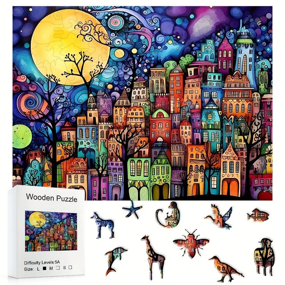 501 Colorful City Animals Boxed Wooden Puzzle, High-Difficulty Challenge, Family & Friends Gatherings, Perfect for Company Events, Interlocking Puzzle