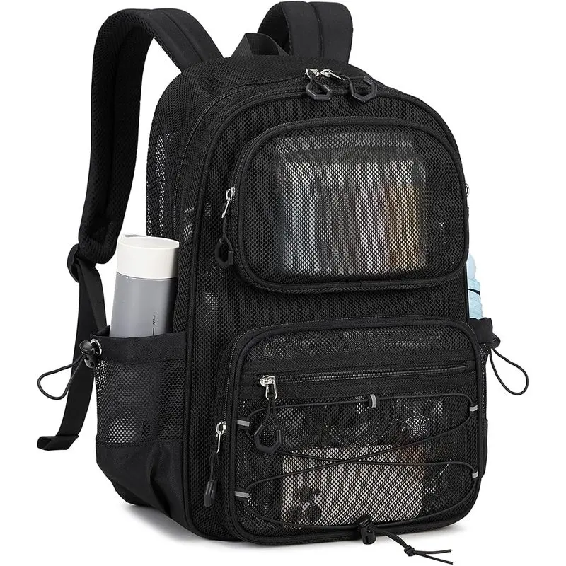 Transparent Breathable Mesh Backpack - Heavy-Duty, Large-Capacity School Travel Bookbag with Laptop Pocket, Zipper Closure for Basketball Sports