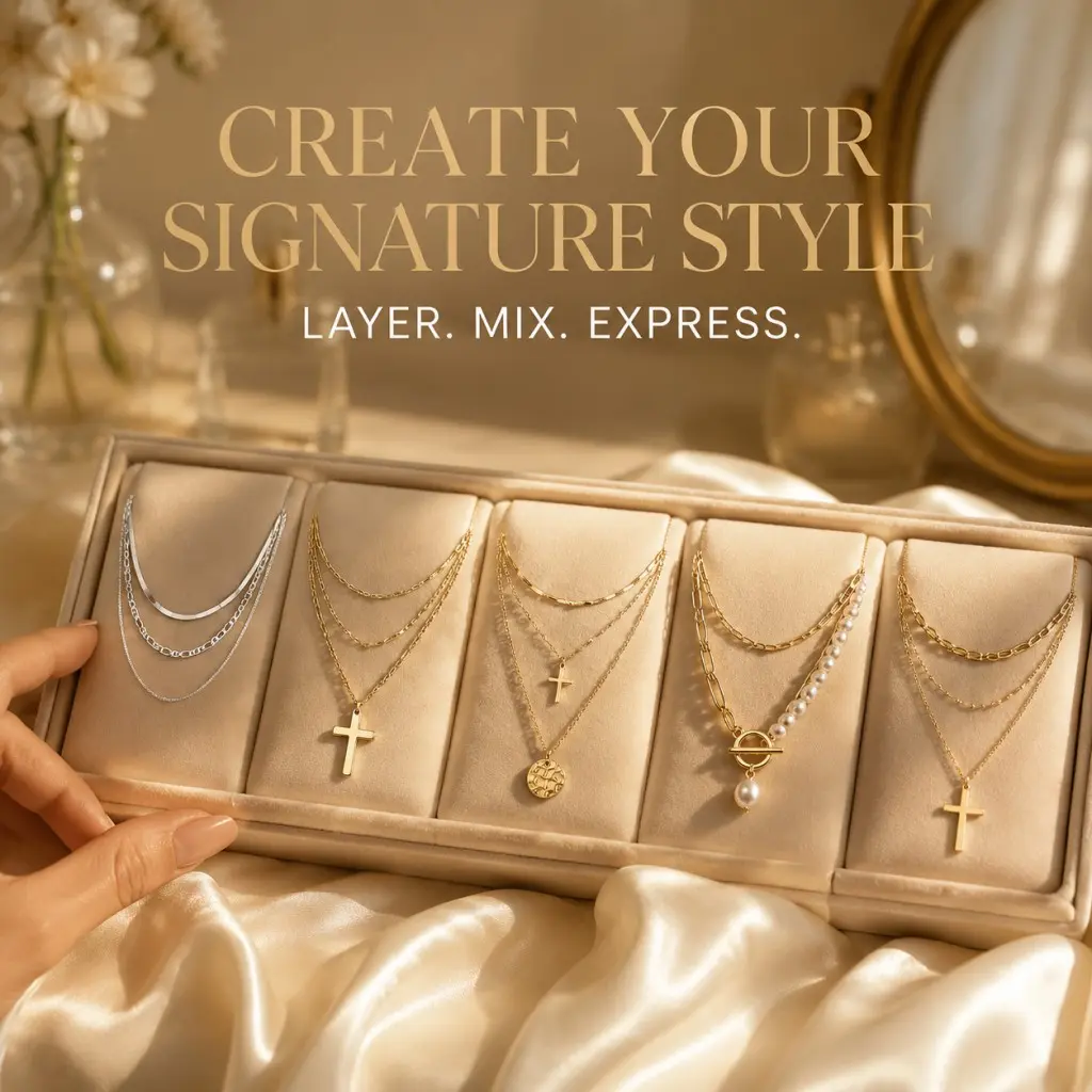 Women's 14K Gold Plated & Silver Tone Layered Stackable Necklace Set - Dainty Snake Motif, Paperclip, Bead Chains with Cross, Coin, Simulated Pearl Pendants, Varied Lengths - Daily Wear Female Jewelry Gift