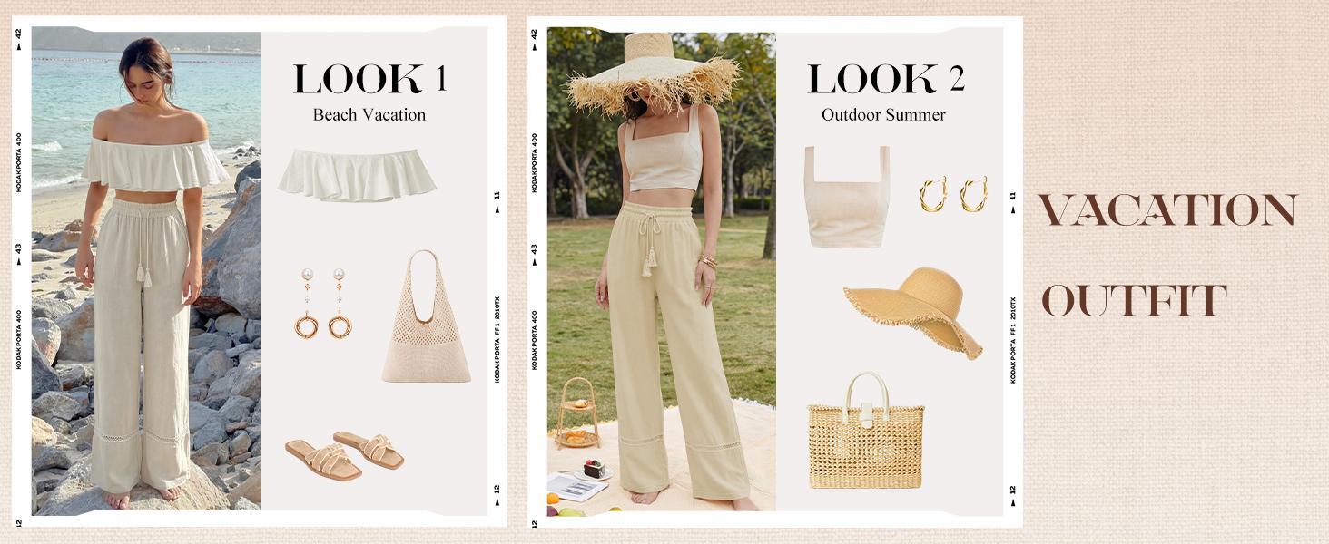 Sarin Mathews Womens Wide Leg Linen Pants High Waisted Drawstring Palazzo Casual Summer Beach Pants with Pockets