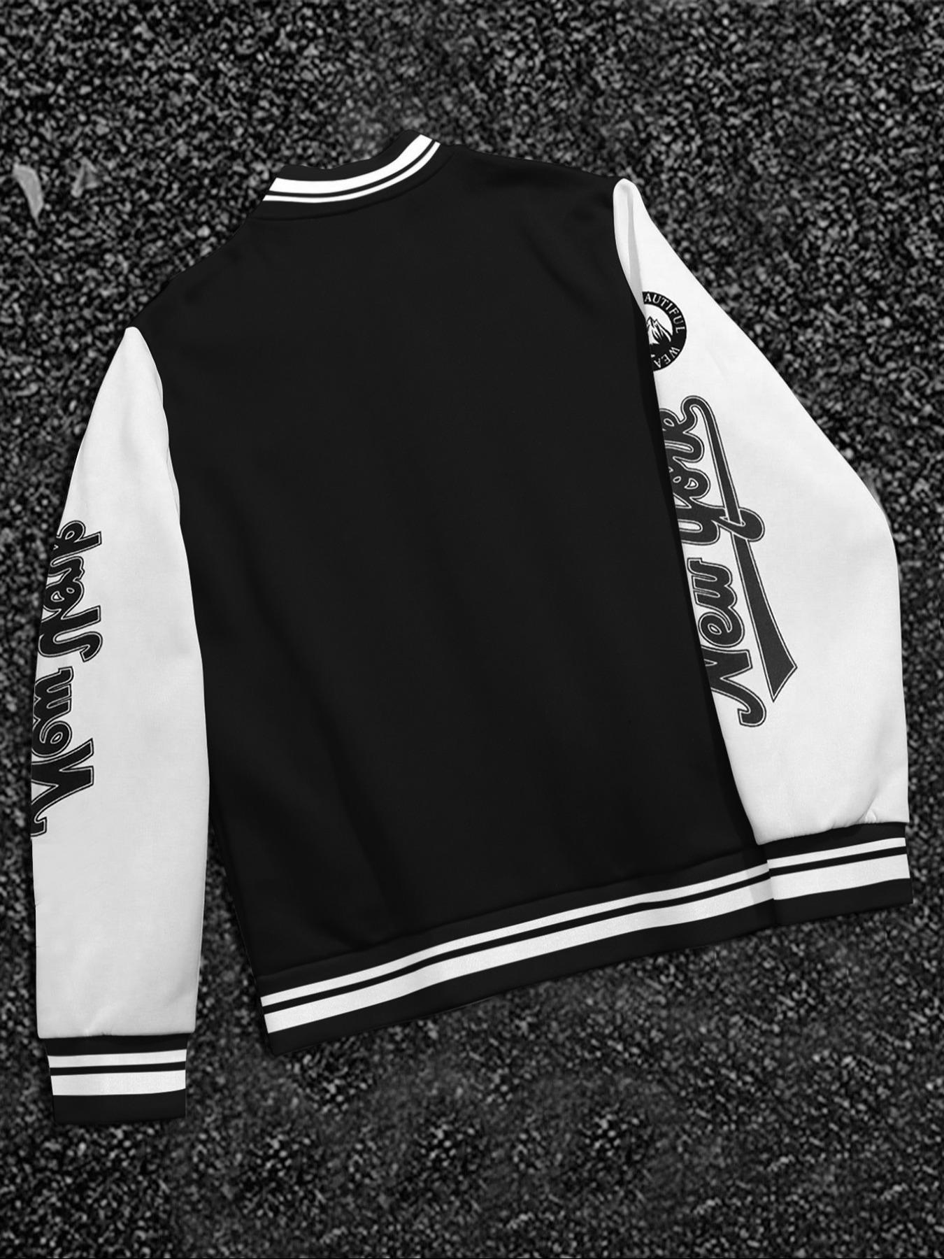 Men's Letter Print Knit Baseball Collar Bomber Jacket, Loose Casual Sporty Long Sleeve Varsity Jacket for Fall & Winter, Men's Outerwear for Daily Wear