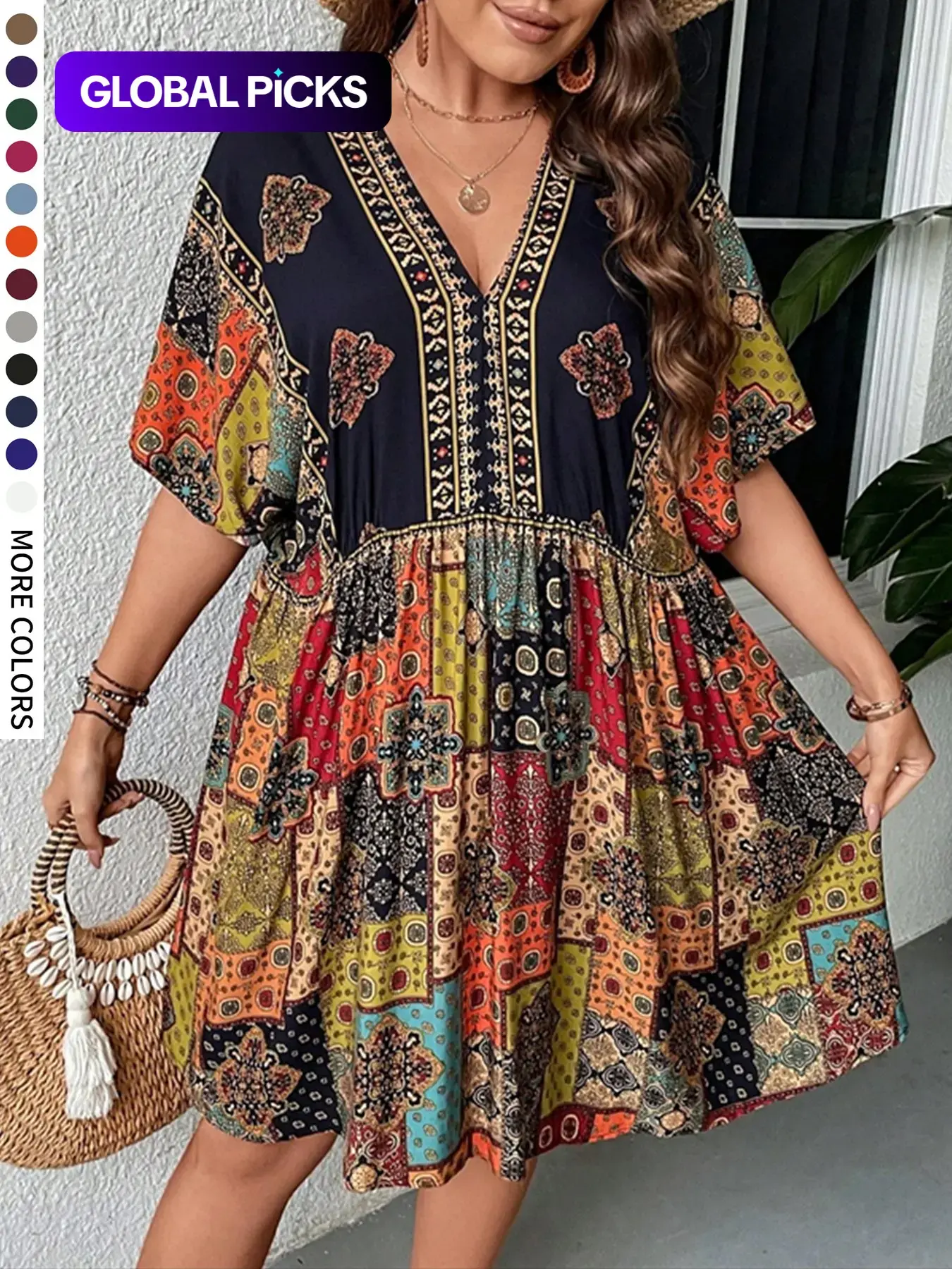 Plus Size Ethnic Pattern V Neck Batwing Dress for Curvy Women, Boho Stylish Loose-Fit Dress for Summer, Perfect for Parties and Holiday, Casual Wear, Boho Summer Dresses, Bohemian, Womenswear #GLOBAL PICKS