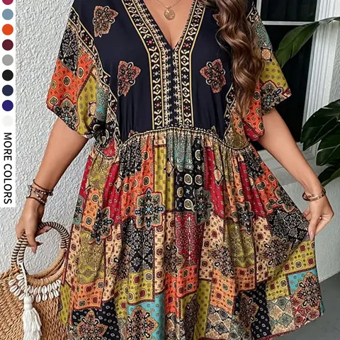 Plus Size Ethnic Pattern V Neck Batwing Dress for Curvy Women, Boho Stylish Loose-Fit Dress for Summer, Bohemian Style, Perfect for Parties and Holiday, Casual Wear, Bohemian, Womenswear #GLOBAL PICKS
