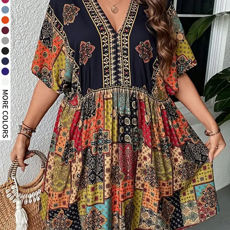Plus Size Ethnic Pattern V Neck Batwing Dress for Curvy Women, Boho Stylish Loose-Fit Dress for Summer, Bohemian Style, Perfect for Parties and Holiday, Casual Wear, Bohemian, Womenswear #GLOBAL PICKS