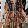 Plus Size Ethnic Pattern V Neck Batwing Dress for Curvy Women, Boho Stylish Loose-Fit Dress for Summer, Bohemian Style, Perfect for Parties and Holiday, Casual Wear, Bohemian, Womenswear #GLOBAL PICKS