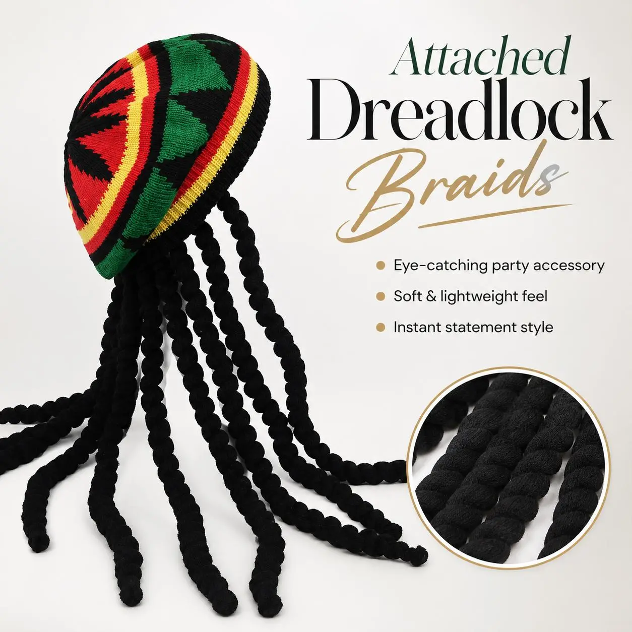 1PC Jamaican-Inspired Rasta Hat, Reggae Tam Beret with Optional Black Faux Dreadlock Braids, Unisex Halloween Cosplay, Music Festival & Party Costume Accessory