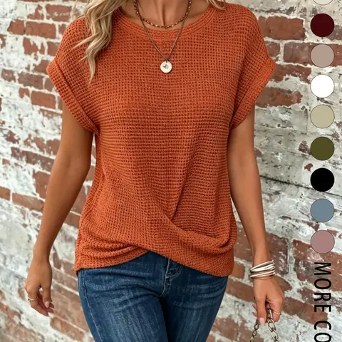Women's Casual Loose-Fit Round-Neck Short-Sleeve Top with Rolled Sleeves and Twist-Front Hem, Basic Summer Top for Daily Wear, Commuting and Travel, Everyday T Shirt
