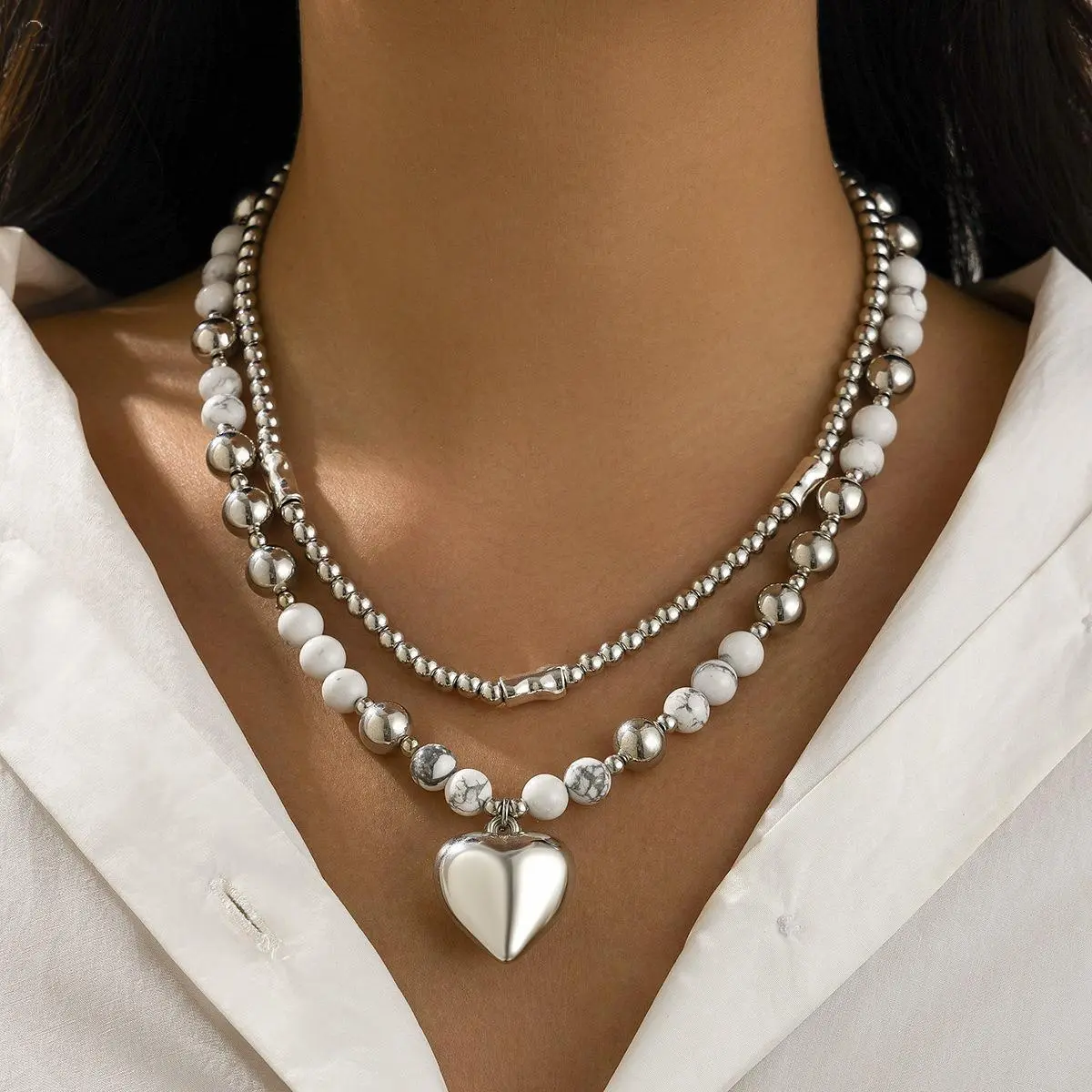 Women's 2-Layer White Turquoise Beaded Heart Pendant Necklace - Silver Metal Ball Chain, Marble Stones, Mixed Sizes Beads, Minimalist Stack Adjustable Choker, Daily Wear Jewelry for Gift, Double Strand