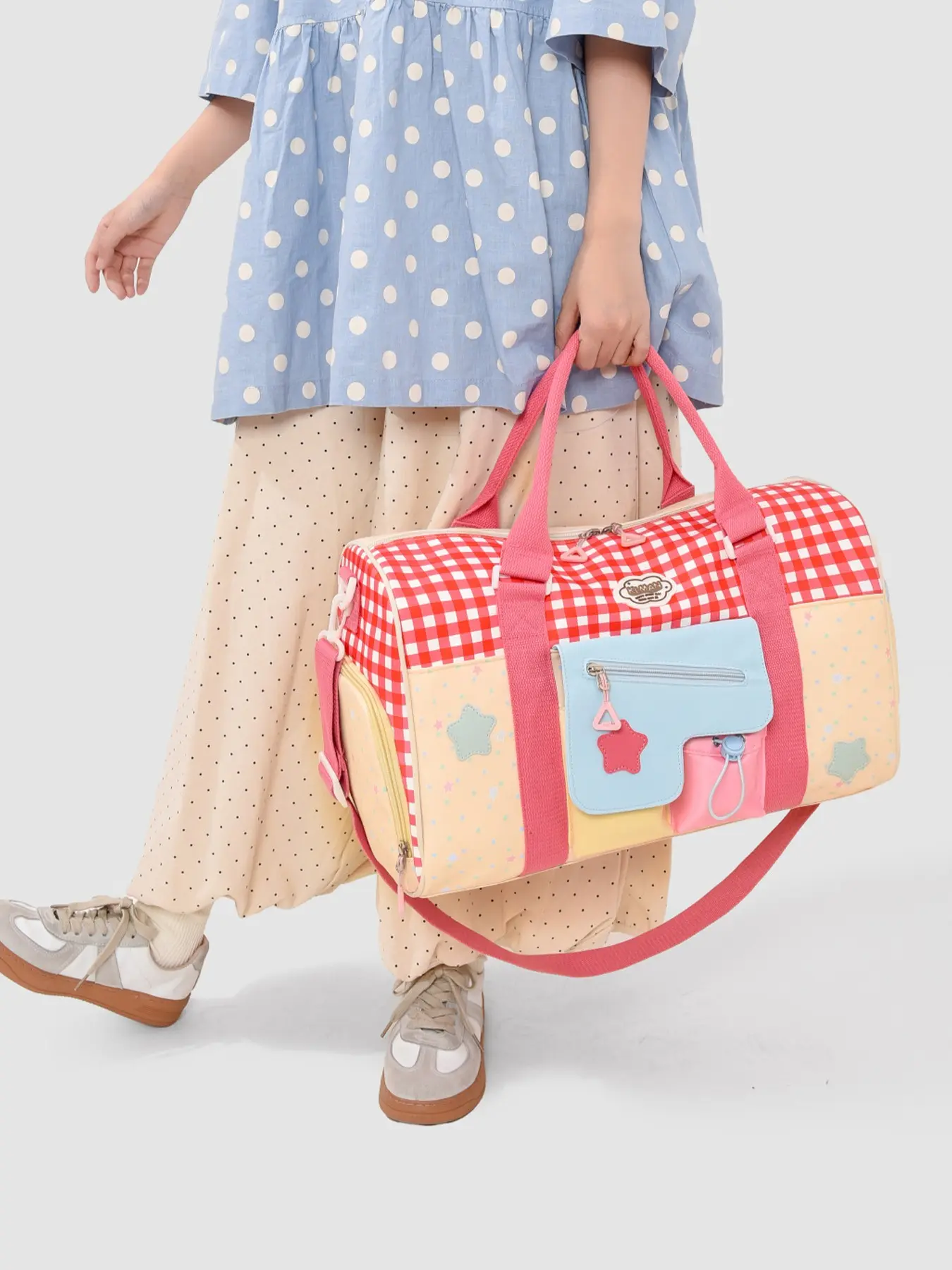 Dopamine Color-Block Plaid Travel Bag, Reinforced Bound Edges, Multiple Pockets, Lightweight Soft Shell, Stylish Carry Bag for Girls