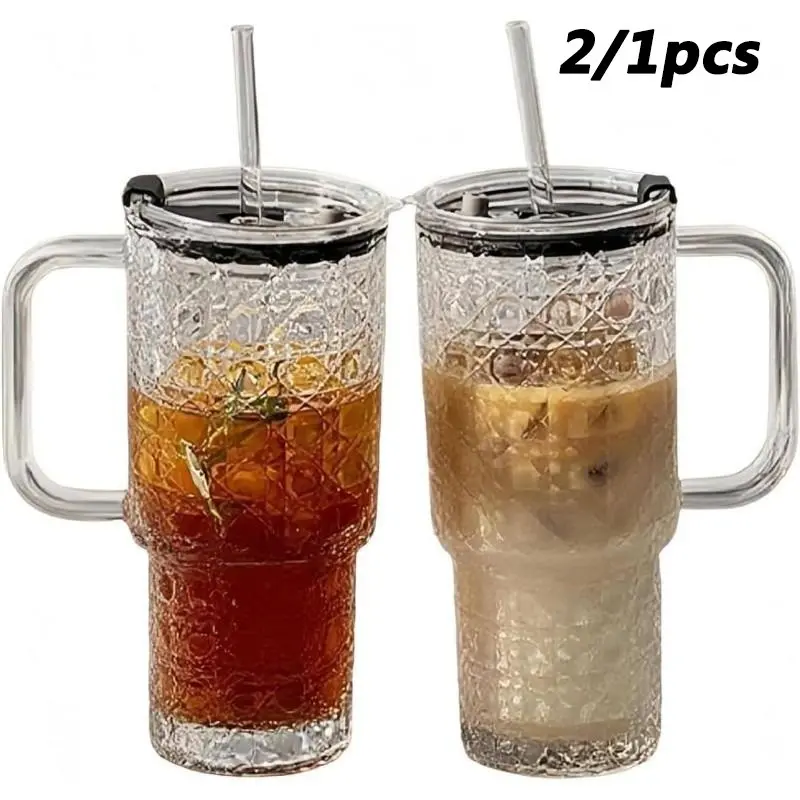 24oz Gemstone Glass Cup Set with Lid and Straw, Reusable Ice Coffee Mug, Travel Portable Glass Cup, Tea Drinkware, Daily Use