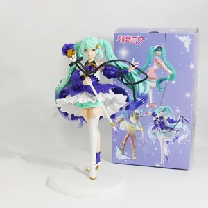 Hatsune Miku Lavender Dress Figure, 22cm Gradient Twin Ponytail Flower Staff Standing Pose, Base, Anime Desktop Decor Gift