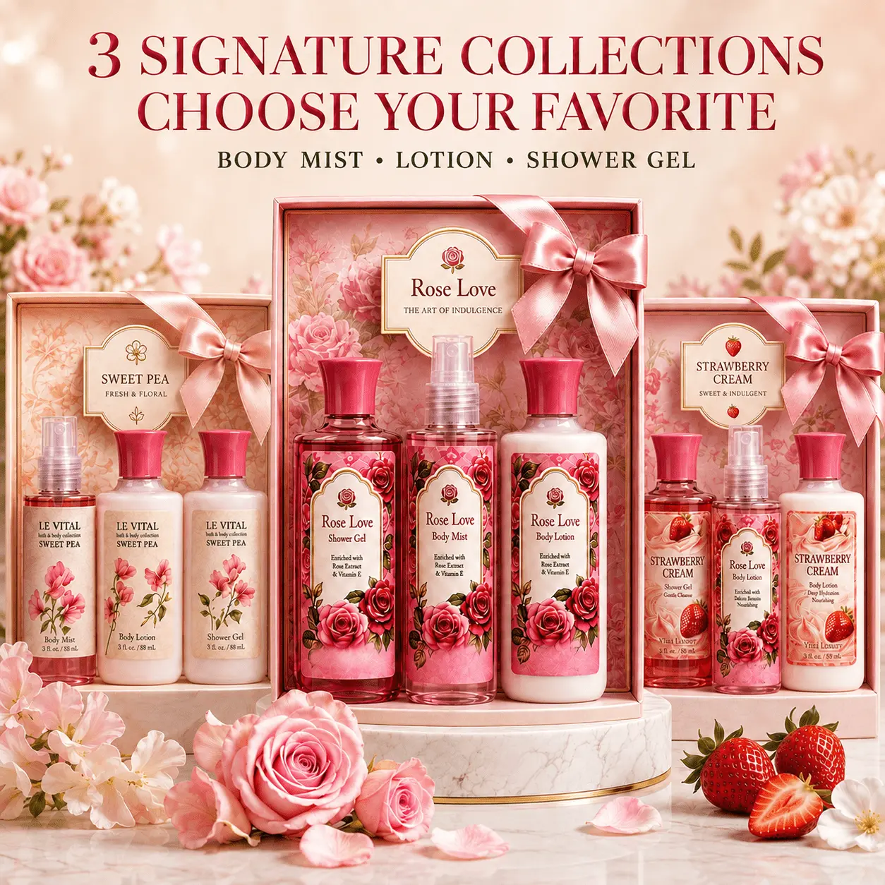 6pcs Women'S Bath And Body Gift Set, Body Mist And Body Lotion Set, 3 Signature Scent Options, Sweet Pea Rose Love Strawberry Cream, Floral Fruity Sweet Long-Lasting Fragrance, Moisturizing Daily Body Care Gift for Her