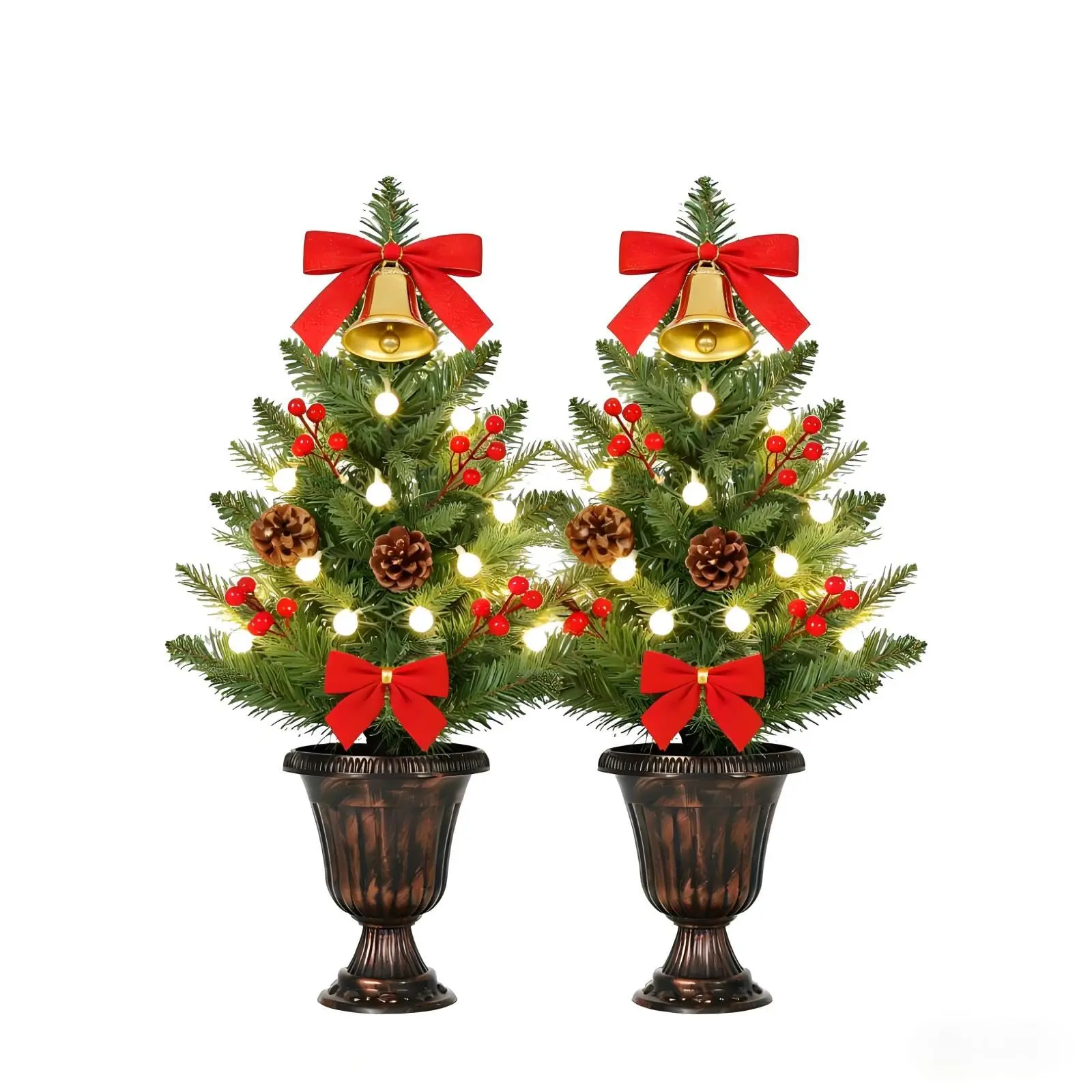 2 Pack Pre-Lit Mini Christmas Trees, 24 Inch Tabletop Decor. Artificial Pine with Pinecones & Berries. Battery Operated LED Lights. For Desk, Office, Mantel, Dining Table. Small Xmas Decoration Set