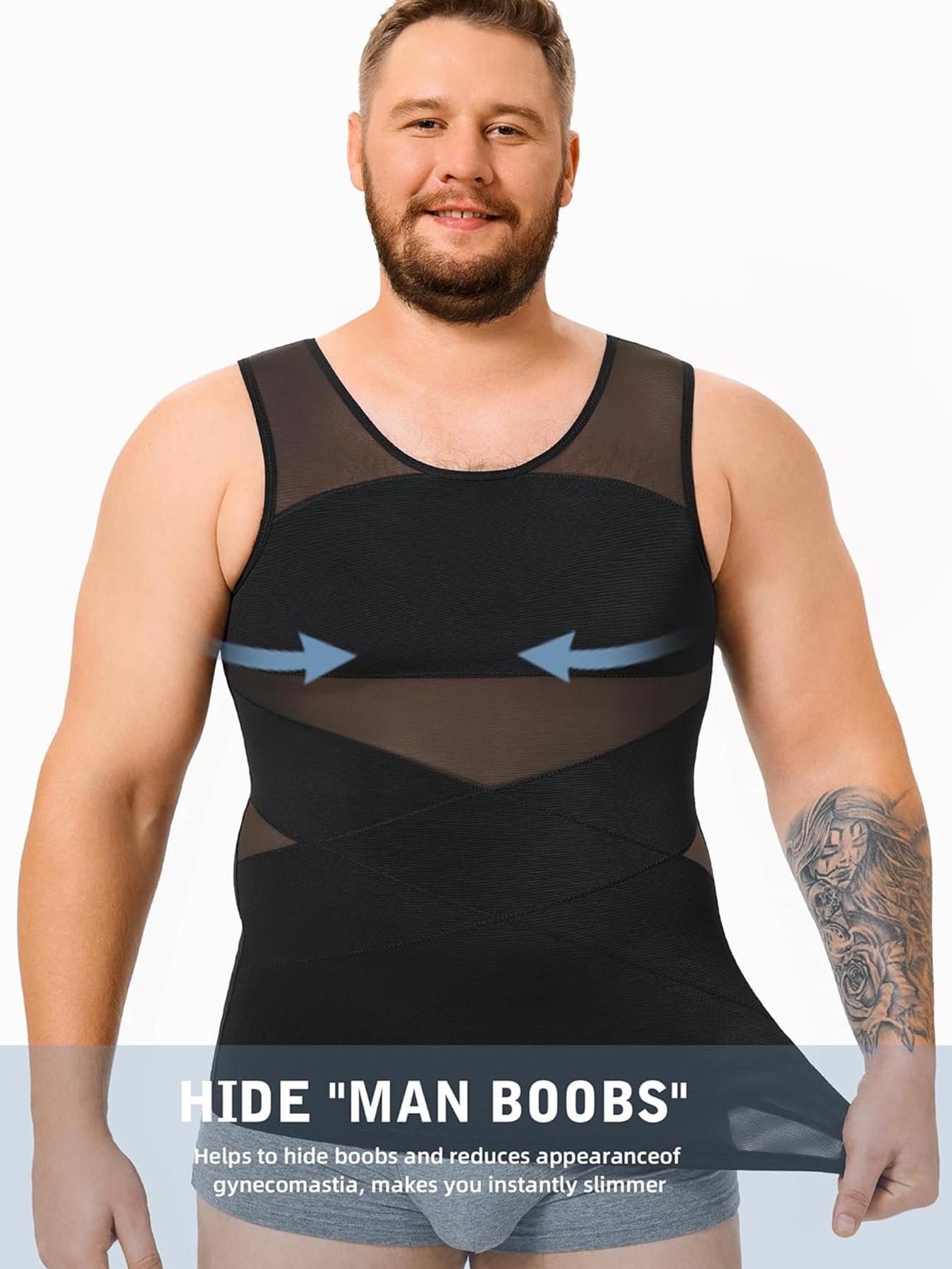 Plus Size Men's Solid Sheer Back Support Tank Top, Breathable Comfortable Tummy Control Shaper Vest, Men's Shapewear for Daily Wear