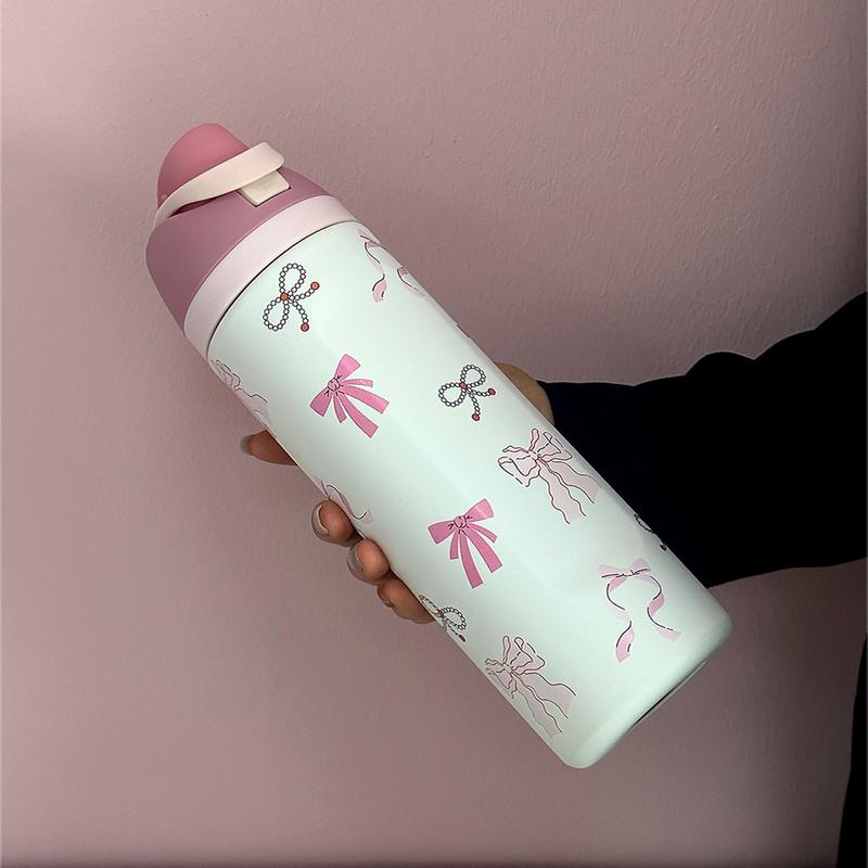 Butterfly Pattern Insulated Water Bottle Tumbler, 1 Count 24oz-32oz-40oz Stainless Steel Vacuum Flask with Straw, Summer Cool Bottle Drinking Cup for Home Office School, Drinkware