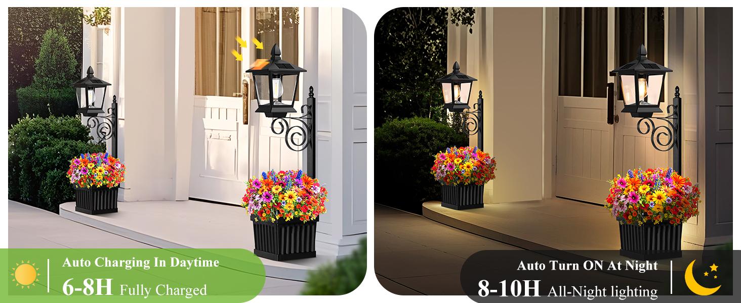 2-Pack Outdoor Flower Pots 2 in 1, Solar Lamp Post with Planter for Garden Decor, Wall Mount/Standing Planter Lights Waterproof, Patio Decorative Floor Lamps for Lawn, Back Door (Flowers not Included)