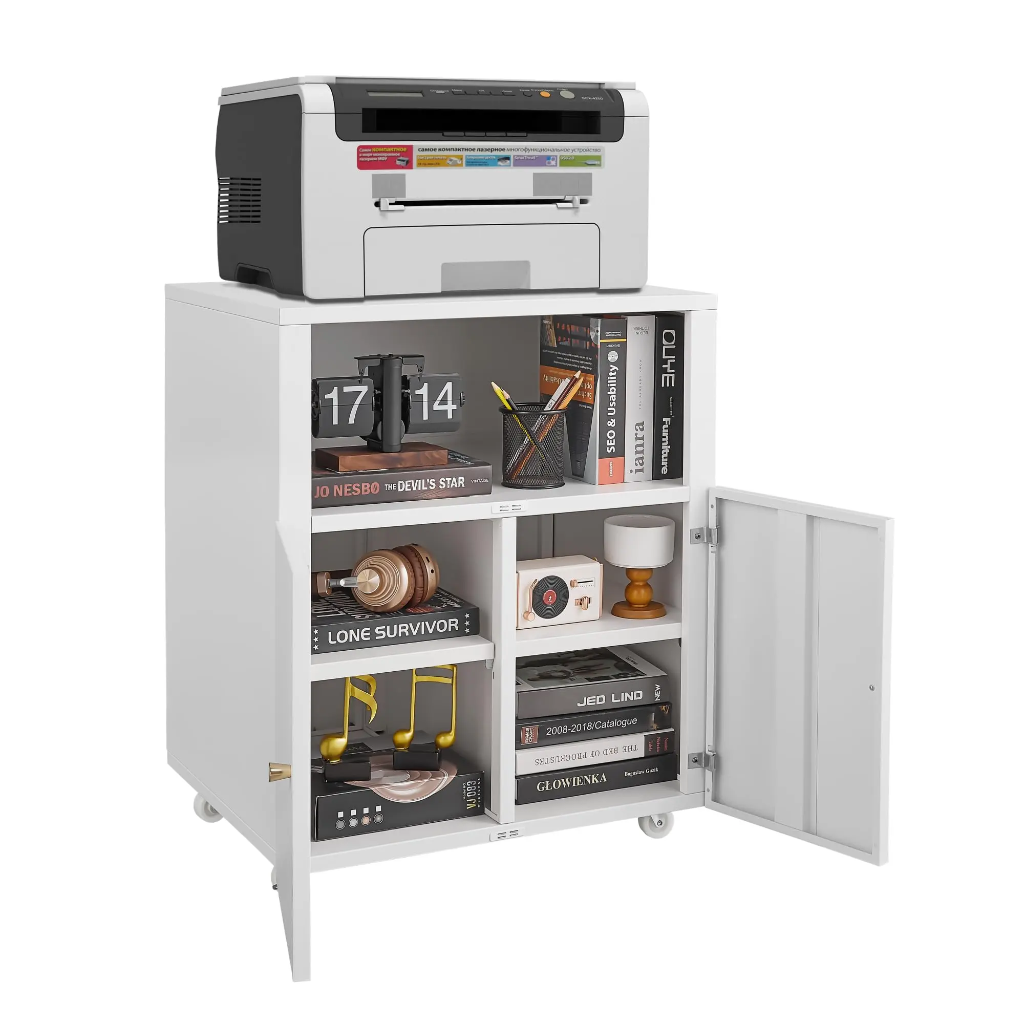 Heavy Duty White Metal Printer Stand with Wheels, Rolling Metal File Cabinet with 2 Doors & Open Shelf for Letter/Legal/A4 Files, Mobile Copier Cabinet for Home Office