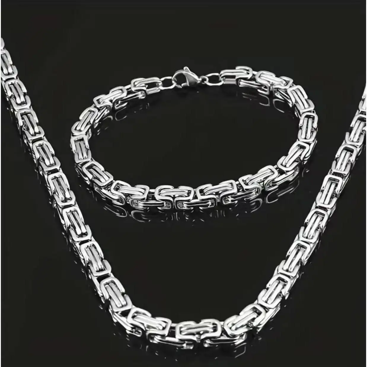 Men's Stainless Steel Necklace and Bracelet Set, Punk Style Edgy Design Byzantine Chain Jewelry, All-Season Fashion Accessories,byzantine chain mens, punk jewelry set, stainless steel chain, hip hop necklace bracelet, men heavy link jewelry