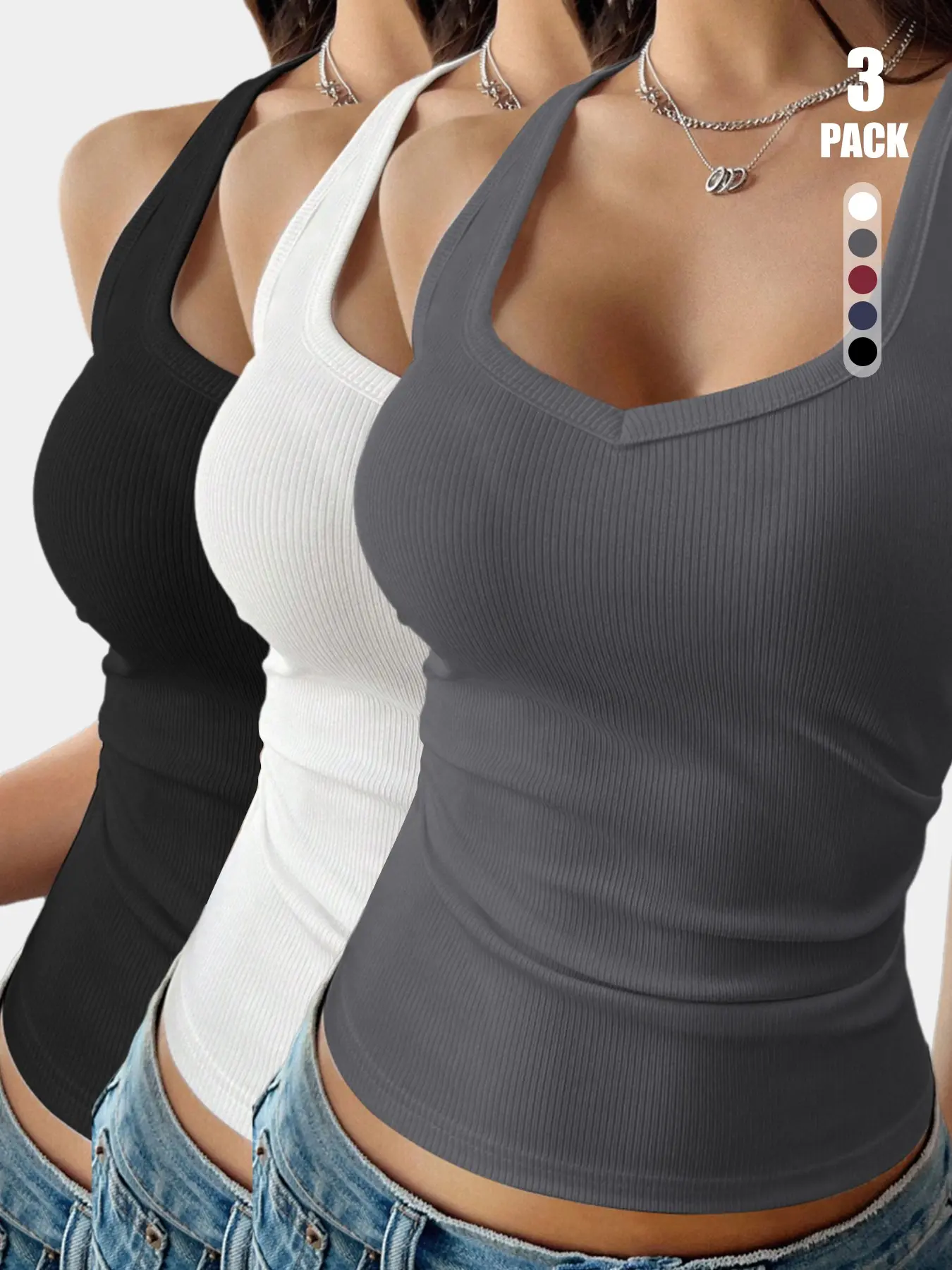 2026 1/2/3 Pack Women's Ribbed Aesthetic Tank Top Halter Tops Tube Top, V Neck Racerback Sleeveless Cami, Slim Fit Stretchy Basic Knit Camisole for Casual & Workout All Season