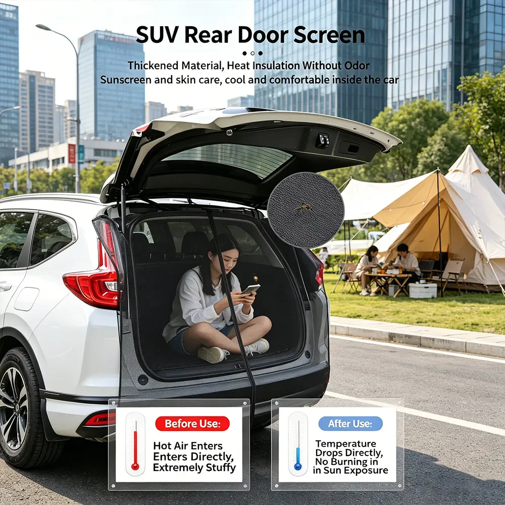 Universal magnetic trunk mosquito net for all SUVs. Fine mesh ensures airflow without stuffiness, magnetic edge for quick opening & closing. Must-have cooling gear for road trips, camping and picnics