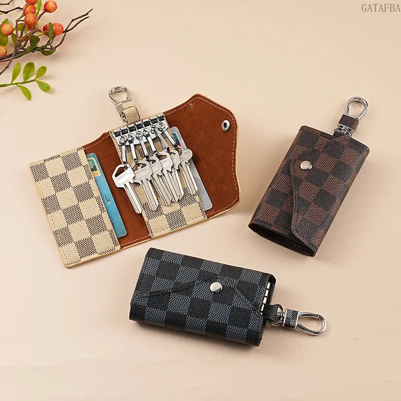 Stylish Minimalist Plaid Key Case, Snap Button Design, Universal Car Key Holder Pouch