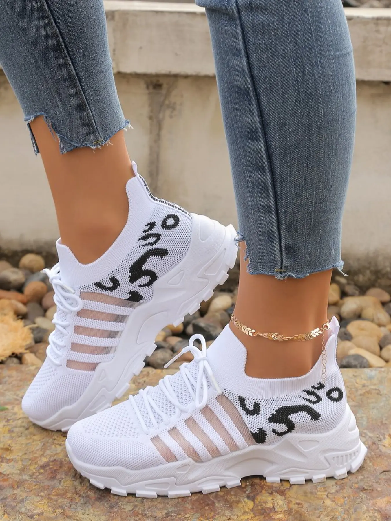 Return-To-School Hollow Out Mesh Dad Shoes, Elastic Knit Anklet Laces Thick Sole Durable Outdoor Casual Women's Sneakers