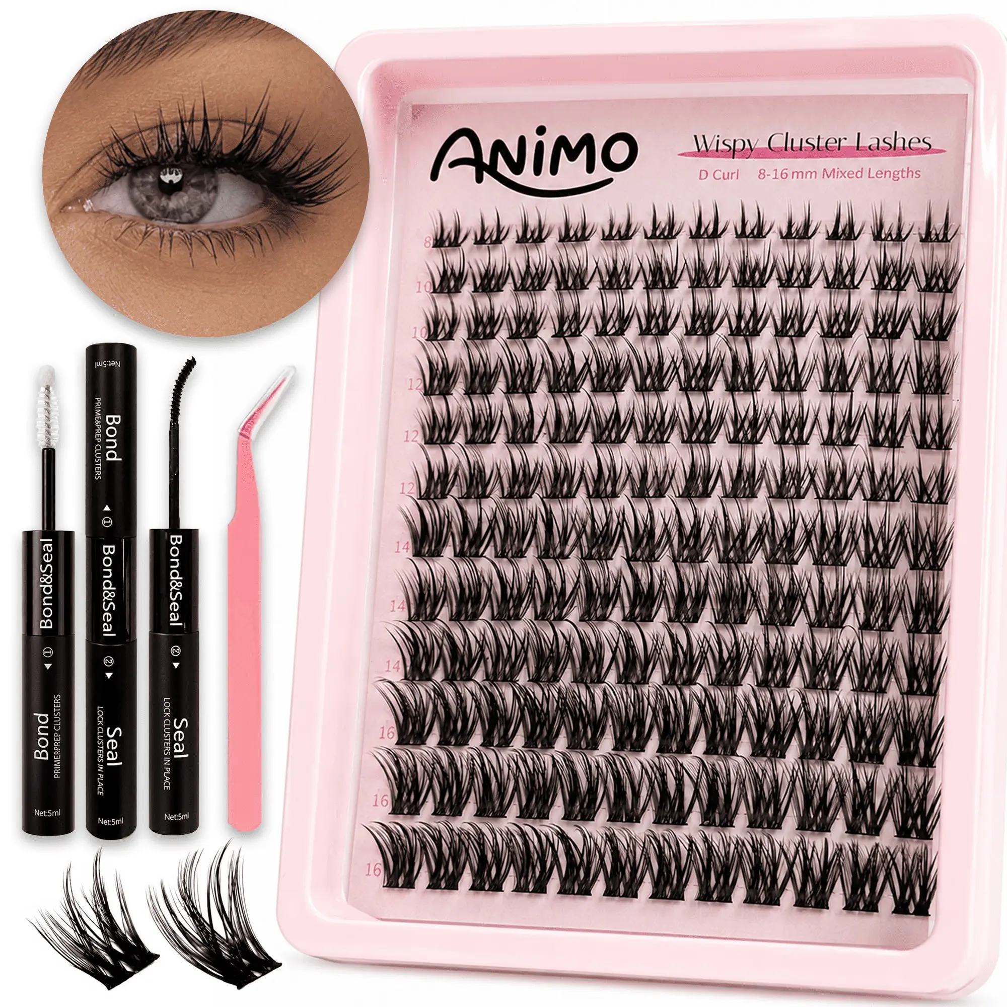 Animo Wispy Natural Lash Cluster Eyelash Extensions 8-16mm, 144 Clusters, Soft Comfortable DIY Lashes with Thin Band, Individual Lash Clusters for Easy Application