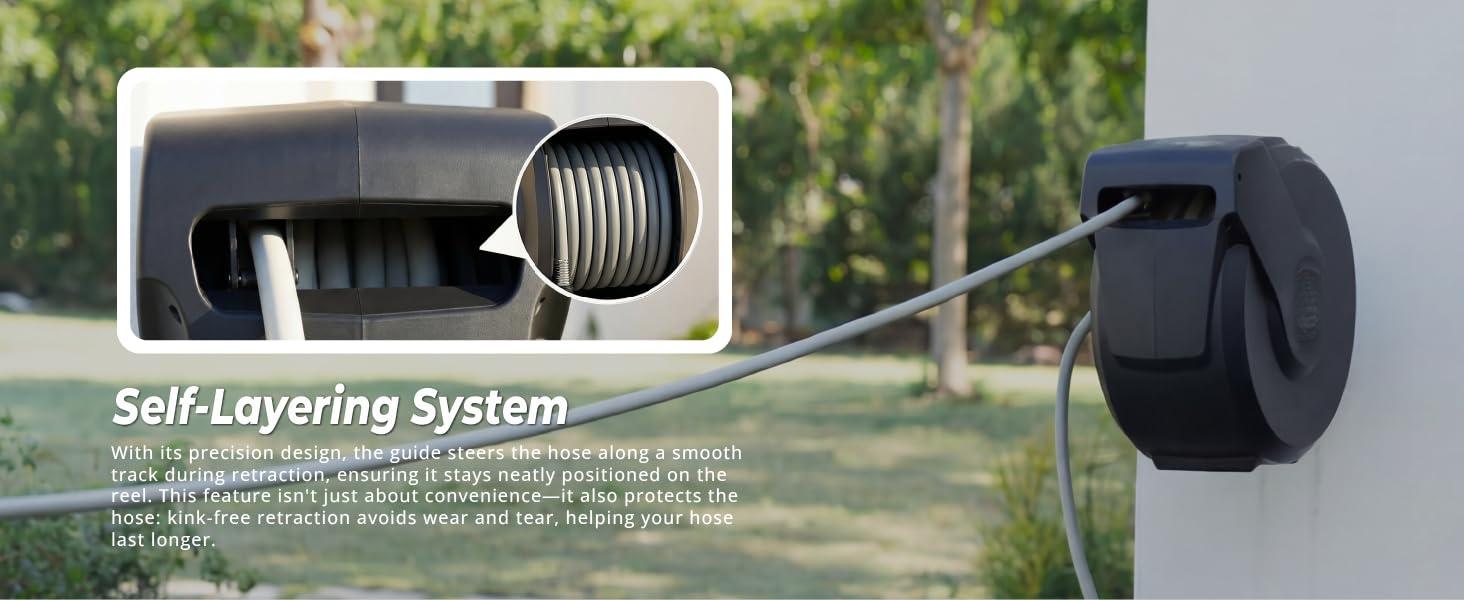 Retractable Garden Hose Reel 5/8"x100ft, 3-Ply Reinforced, High-Flow, Any Length Lock, 180 °   Swivel Bracket, Heavy-Duty Aluminum Mount, Slow Retract, Auto-Layer, 10 Spray Nozzle