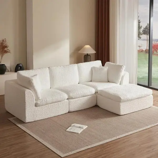 Modern Chenille Cloud L-Shaped Corner Sectional Sofa - 3-Seater, Warm White, Anti-Wrinkle, 110in Large Size, 39in Deep Seat, Marble Texture, No Fire Safety Label, Vacuum-Pack - for Living Room, Bedroom