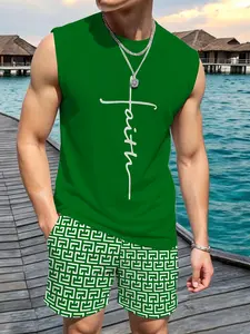 Summer Men's Faith Cross Handwritten Print Sleeveless T-Shirt + Geometric Shorts Set, Casual Sportswear Two-Piece