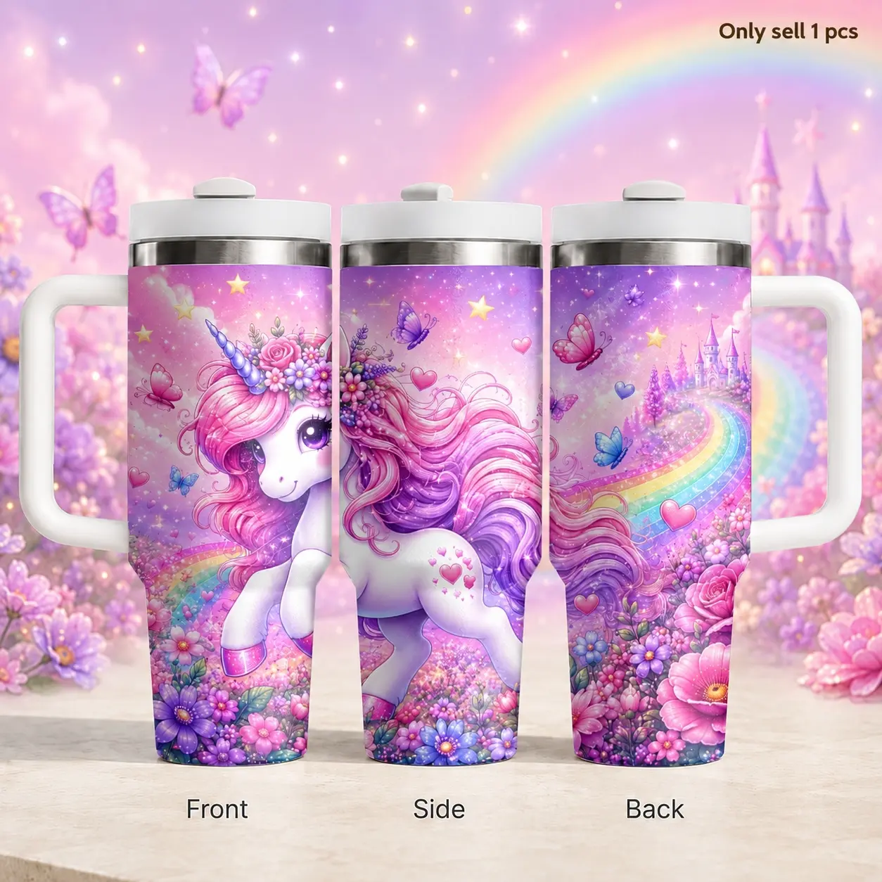 Magical Unicorn Rainbow Design 40oz Stainless Steel Tumbler with Straw & Handle, Fun Fantasy Travel Cup for Coffee and Cold Drinks, Colorful Hydration Cup for Office, School, Car Cup Holder and Unicorn Lovers