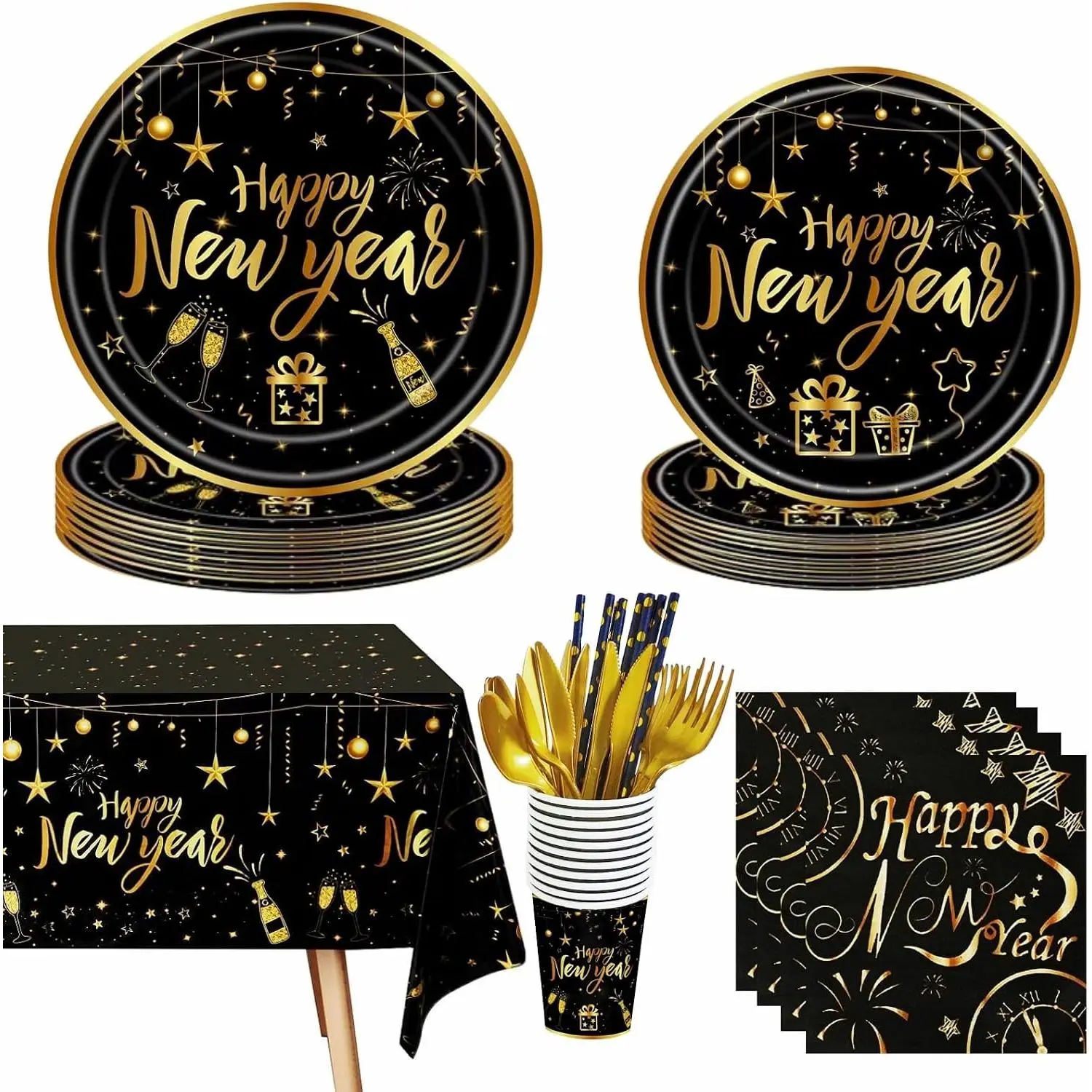 2026 New Year Eve Disposable Plastic Dinnerware Set (100-Count Pack, Serves 12 Guests) - Plates, Cups, Napkins, Tablecloths, Forks, Spoons for Festive Dinner, Home Party Supplies