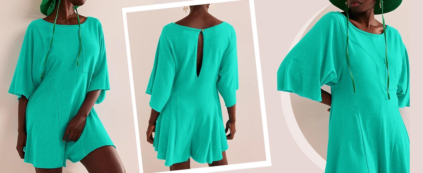 Imily Bela  Rompers for Women 2025 Spring Outfits Summer Casual Short Sleeve Crew Neck Loose Jumpsuits with Pocke