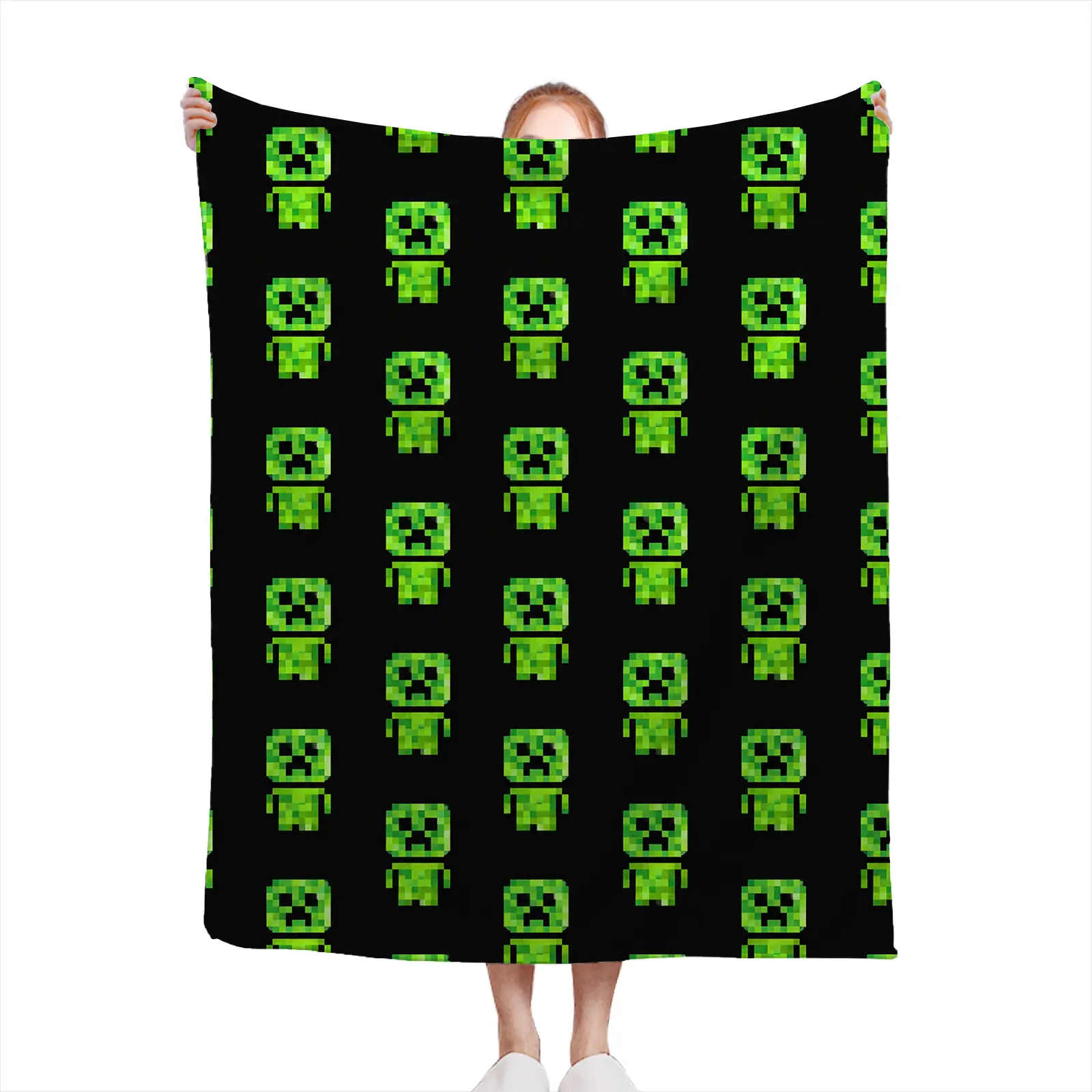 Hacker-Mobs-(1) Soft Cozy Throw Blanket Flannel Fleece Green Pixel Creeper Pattern Printed Lightweight Warm Bed Sofa Living Room Gift For Gamers