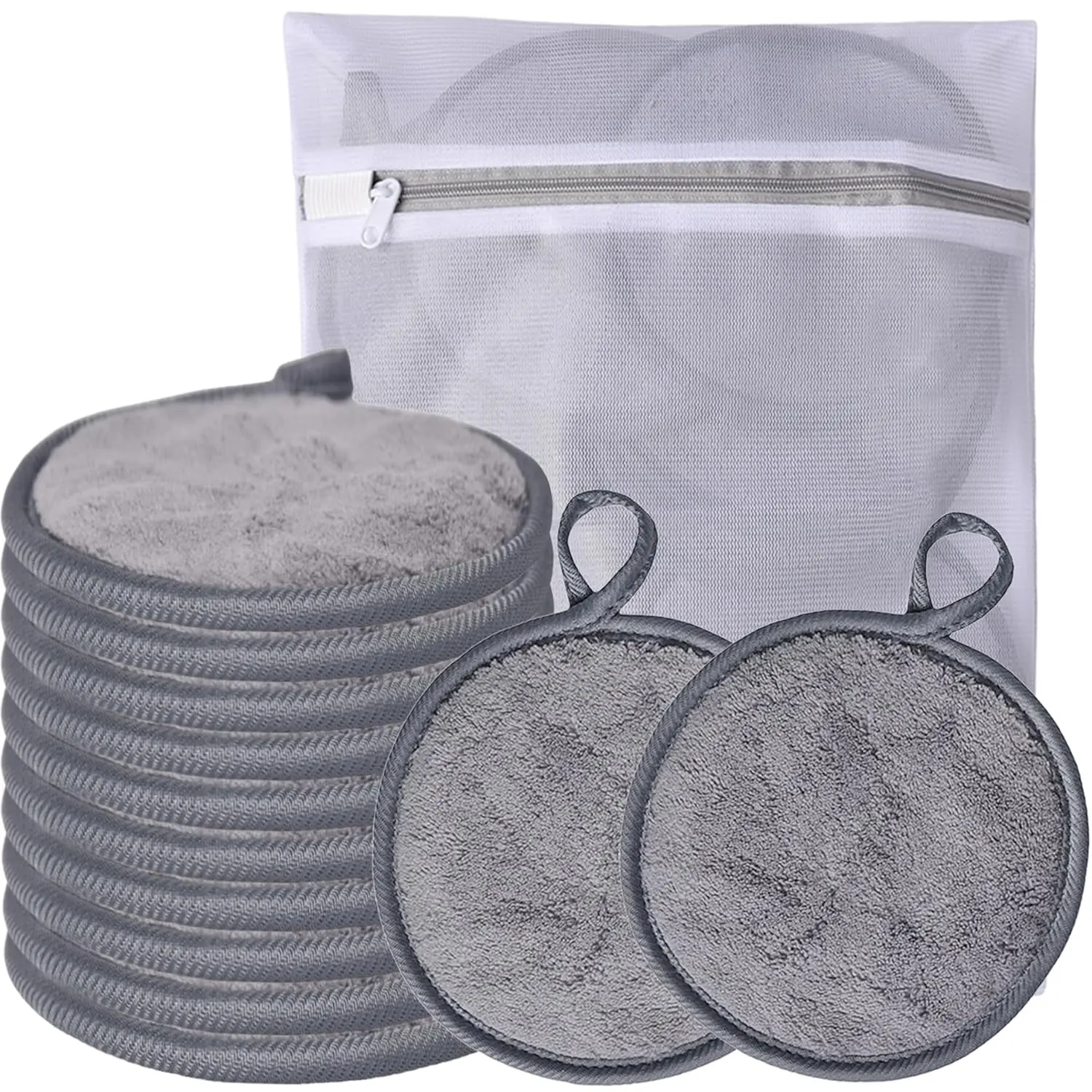 Reusable Microfiber Makeup Remover Pads, 12-Pack 5-Inch Large Soft Facial Cleansing Cloths with Laundry Bag - Grey, Washable Cosmetic Rounds, Reusable Pads, Large Size, Removes Makeup, Soft Texture, Washable Cloth, Laundry Backpack, Cloth Pads