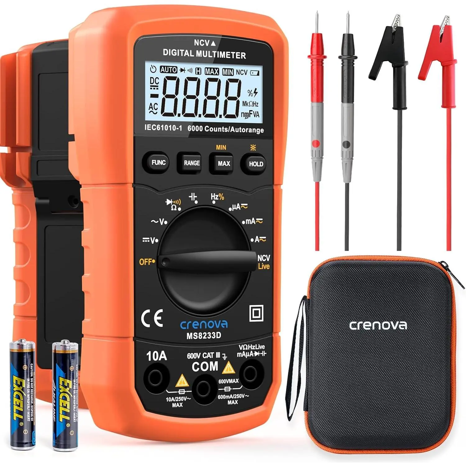2026 Crenova MS8233D Multimeter 6000 Counts Digital Multimeter DC AC Volt Meter Ohm Volt Amp Tester Measures Voltage Current Resistance Capacitance Continuity Diode Duty-Cycle Frequency NCV Live Wire Test