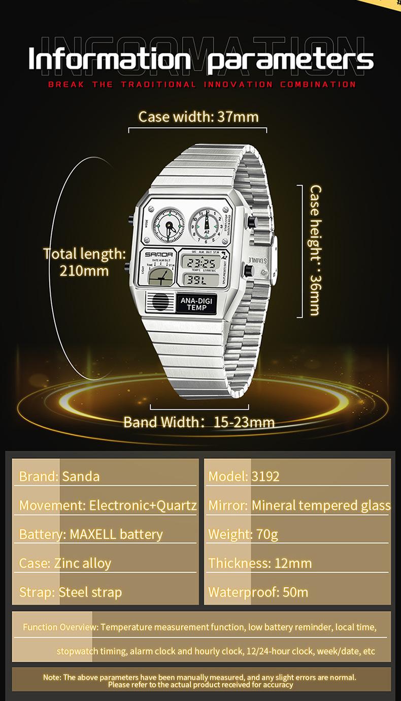 Trendy Men's Square Dial Digital Watch, Street Style Waterproof Luminous Watch, Multifunctional Timepiece with Temperature Measurement & Stopwatch