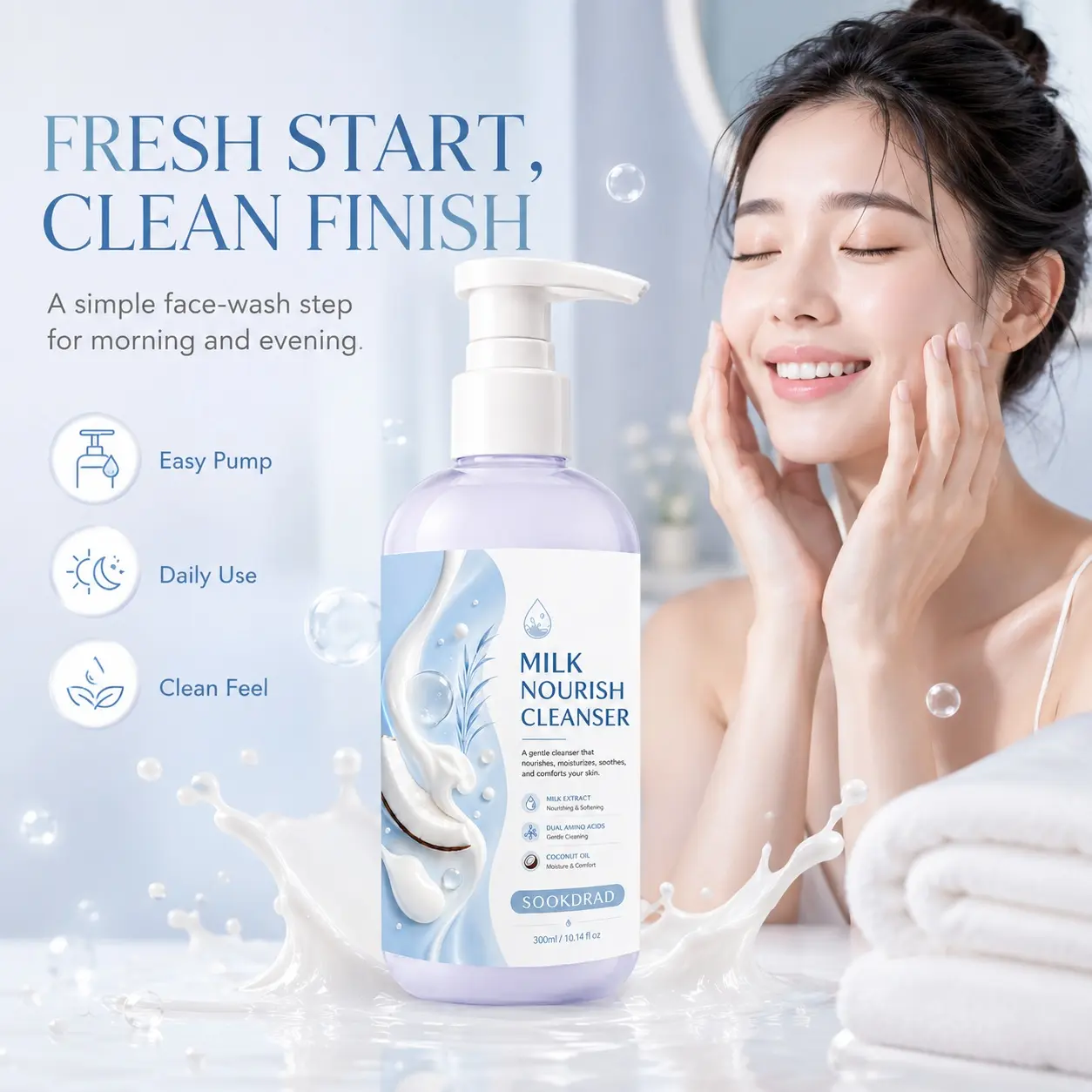 Milk Nourish Cleanser, with Milk Extract, Dual Amino Acids, Coconut Oil, gentle cleansing, nourish facial skin, moisturize, soothe, comfort skin, suitable for all skin types, 300ml/10.14 fl oz