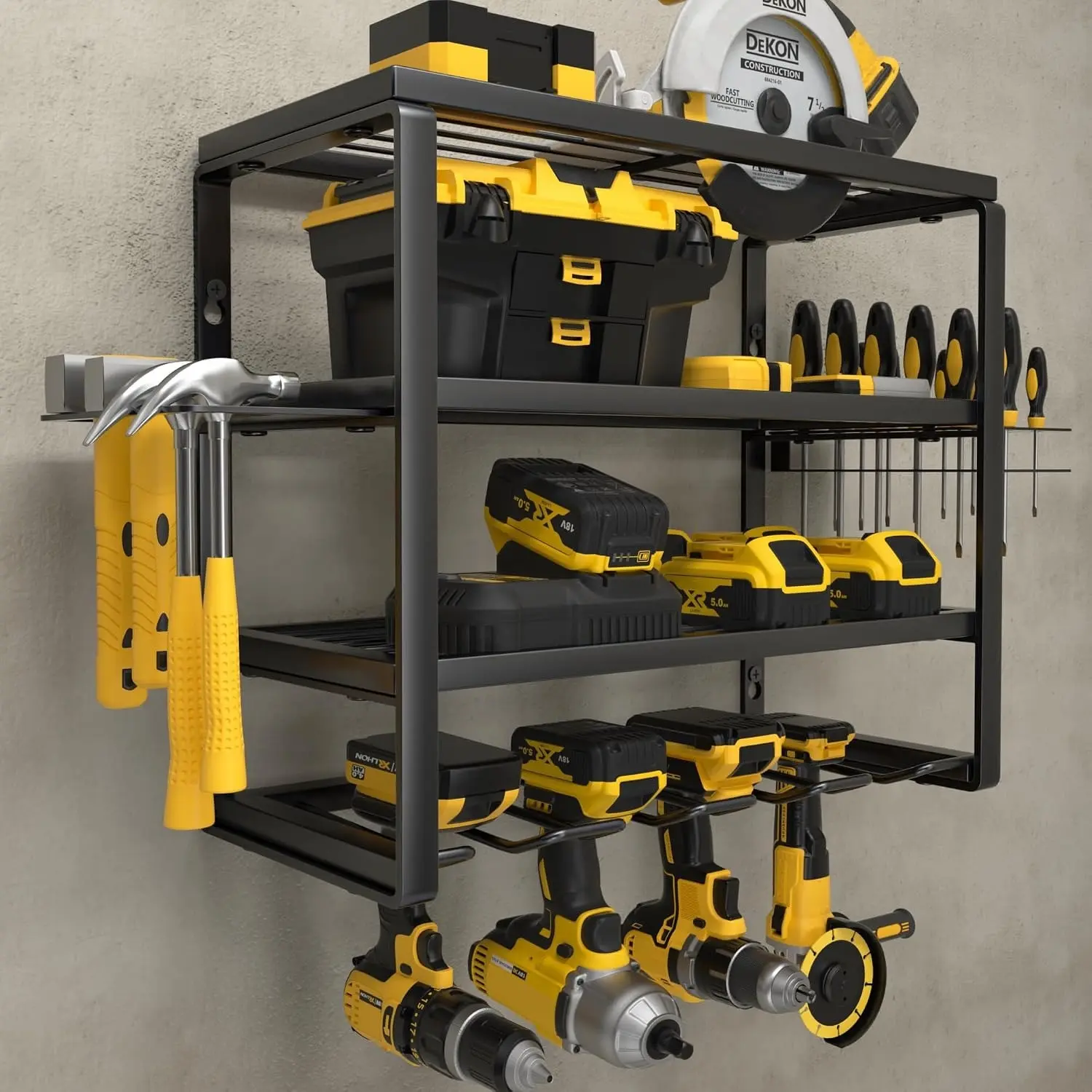 4 Layer Power Tool Organizer Wall Mount, Cordless Drill Hanger Storage Rack, Battery Tools Holder with Charging Station Shelf for Garage Organization, Workshop, Pegboard, Shed - 16/32 Inch 4/8 Slots Storage and Organization