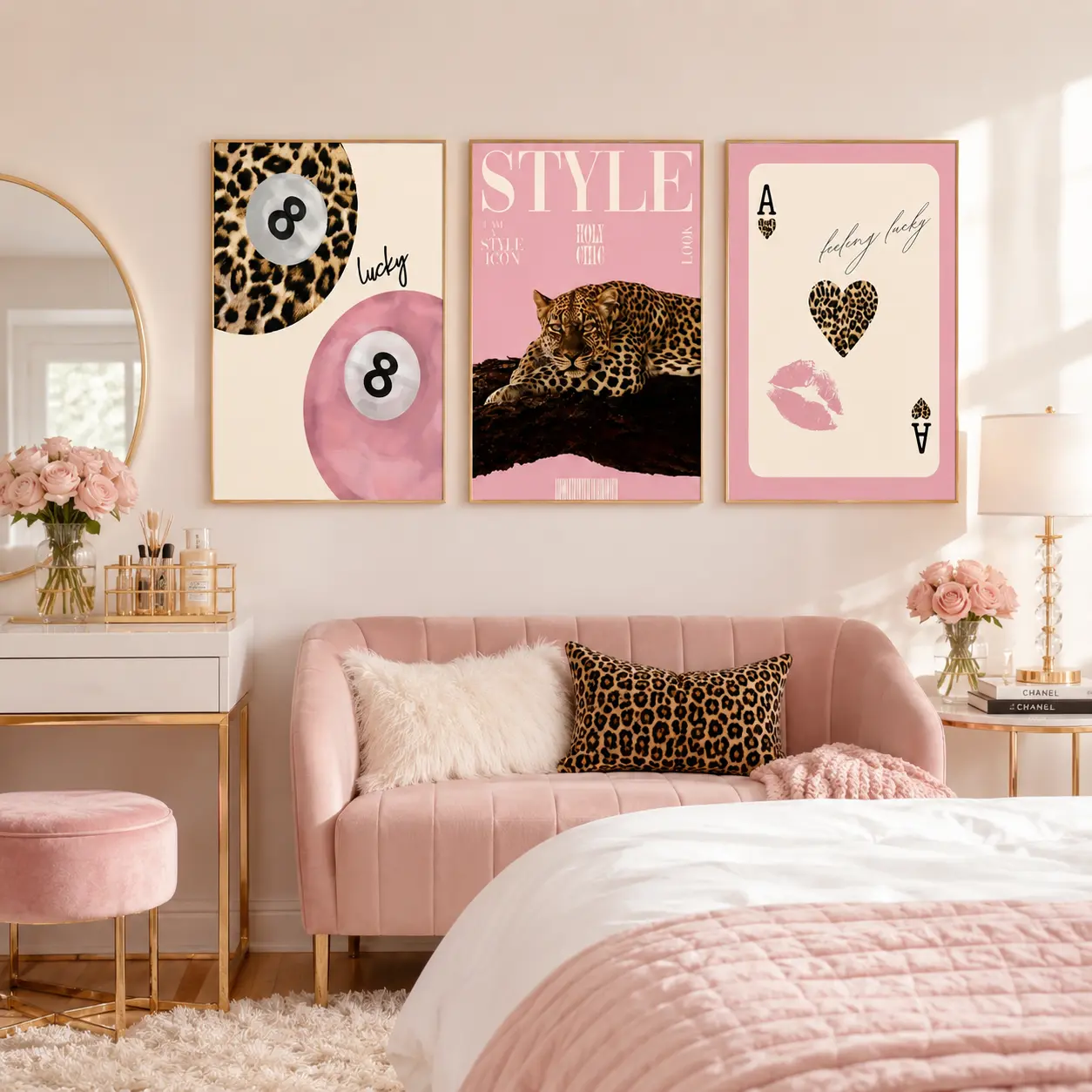 3-Piece Set, Fashionable Leopard Print Pattern with Cheetah Canvas Artwork, Pink Girls' Lucky 8 Ball Wall Art Poster, Modern Living Room Home Decor Wall Decoration Gift,  Canvas Print, 2D Flat Artwork, Modern Art Design, Home Decor Products
