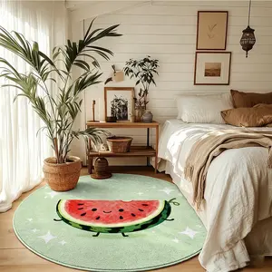 Kawaii Refreshing Watermelon Pattern Round Rug, Cute Green Cartoon Fruit Floor Mat For Bedroom,Non-Slip Office Chair Mat, Protect Hardwood Floors, Refresh Home Aesthetics