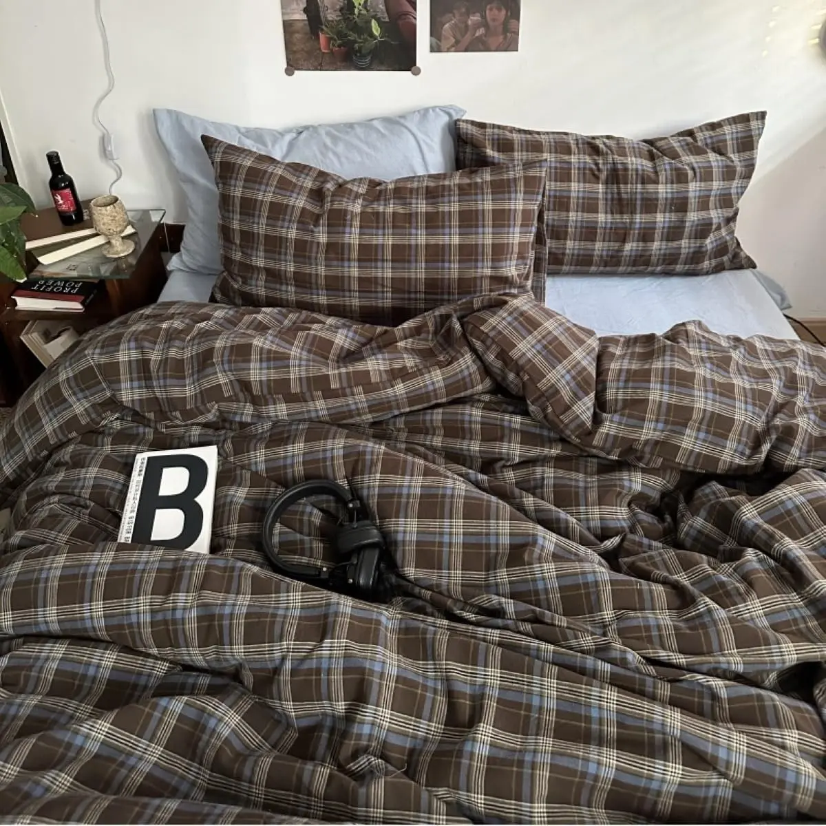 Duvet Cover Full Size 3 Pieces Blue Brown Gingham Comforter Cover Set Vintage Grid Checkered Soft Breathable Microfiber Bedding Set with Zipper Closure and 2 Pillowcases